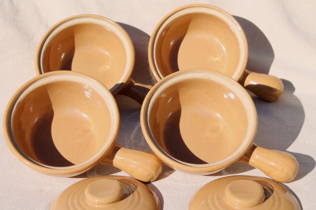 photo of vintage stoneware covered soup / chowder bowls, stick handle casserole dishes set #8