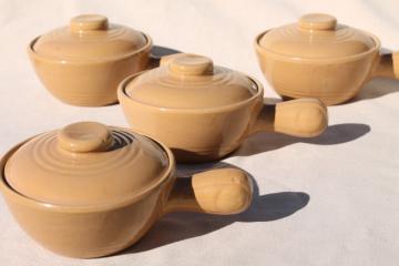 catalog photo of vintage stoneware covered soup / chowder bowls, stick handle casserole dishes set