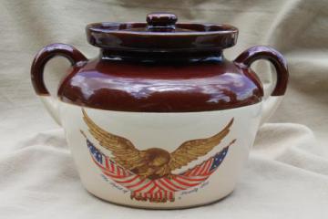 catalog photo of vintage stoneware crock bean pot, 1976 Americana US flag & eagle