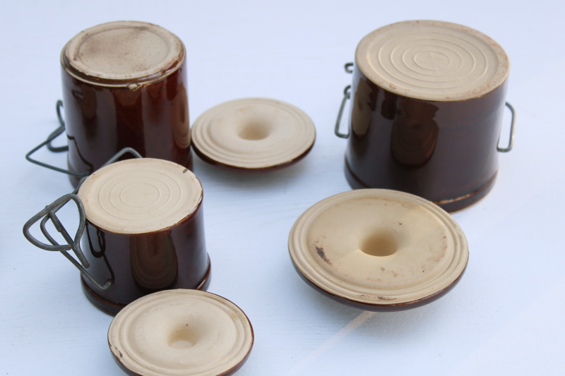 photo of vintage stoneware crock jars, lot of 8 old brown cheese crocks w/ wire bails and lids different sizes #2