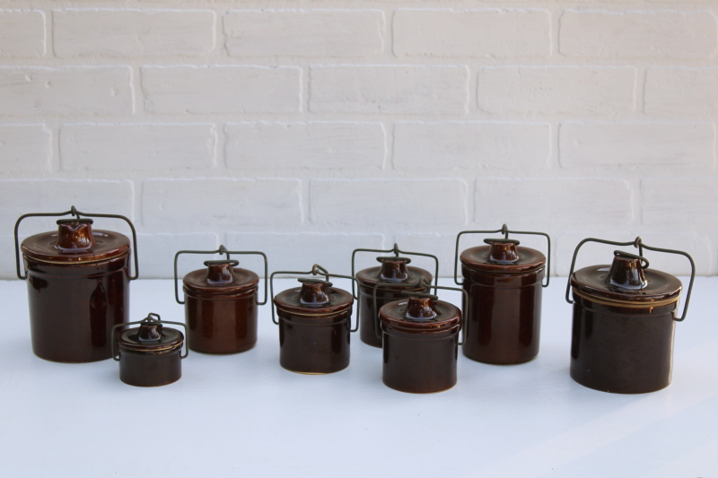 photo of vintage stoneware crock jars, lot of 8 old brown cheese crocks w/ wire bails and lids different sizes #3