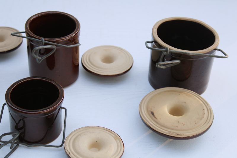 photo of vintage stoneware crock jars, lot of 8 old brown cheese crocks w/ wire bails and lids different sizes #4