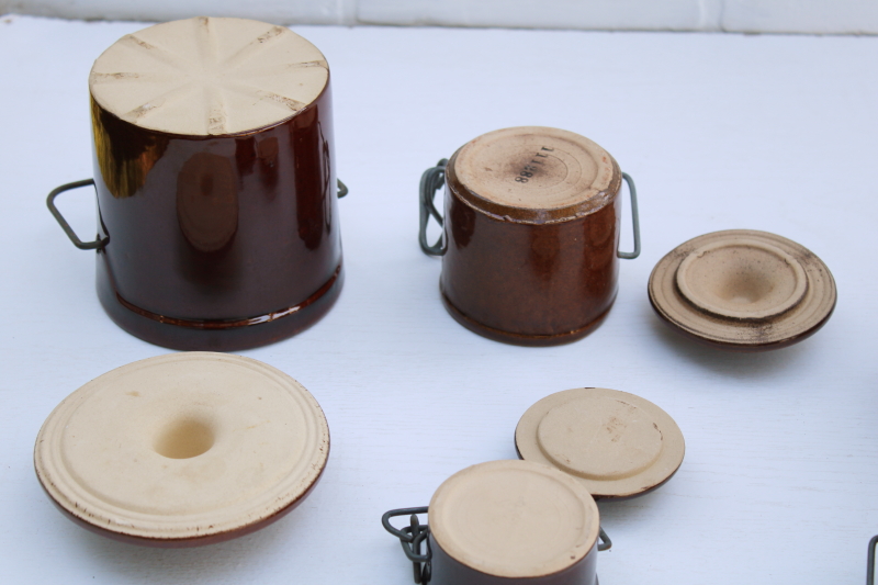 photo of vintage stoneware crock jars, lot of 8 old brown cheese crocks w/ wire bails and lids different sizes #9