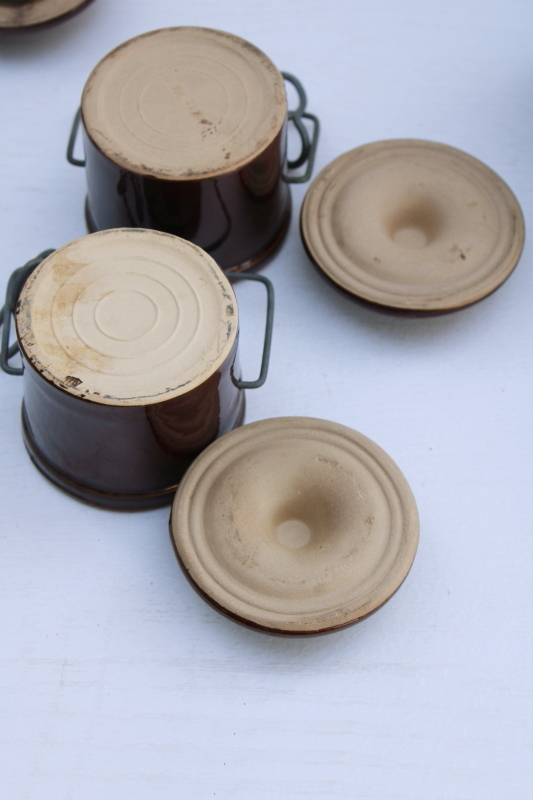 photo of vintage stoneware crock jars, lot of 8 old brown cheese crocks w/ wire bails and lids different sizes #10