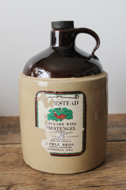 photo of vintage stoneware crock jug w/ old rhubarb wine label, Amana Colonies Ehrle Bros winery  #1