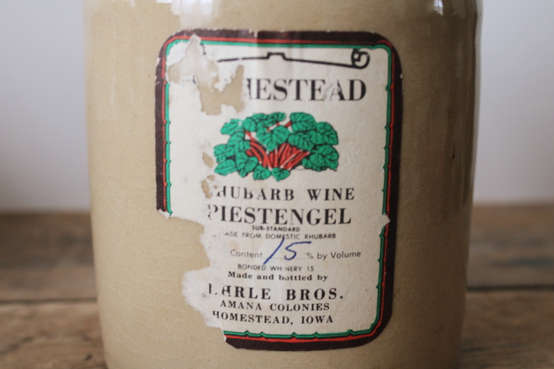 photo of vintage stoneware crock jug w/ old rhubarb wine label, Amana Colonies Ehrle Bros winery  #2