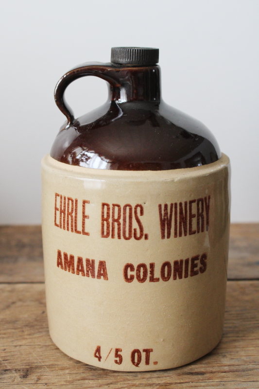 photo of vintage stoneware crock jug w/ old rhubarb wine label, Amana Colonies Ehrle Bros winery  #3
