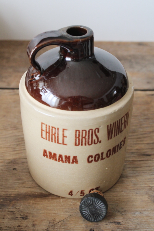 photo of vintage stoneware crock jug w/ old rhubarb wine label, Amana Colonies Ehrle Bros winery  #4