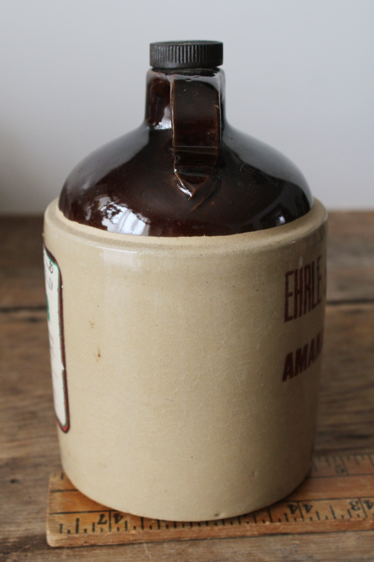photo of vintage stoneware crock jug w/ old rhubarb wine label, Amana Colonies Ehrle Bros winery  #7