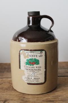 catalog photo of vintage stoneware crock jug w/ old rhubarb wine label, Amana Colonies Ehrle Bros winery 