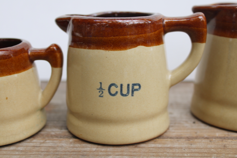 photo of vintage stoneware measuring cups set of four tiny pitchers, 70s earth tones pottery retro kitchen  #3