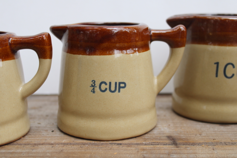 photo of vintage stoneware measuring cups set of four tiny pitchers, 70s earth tones pottery retro kitchen  #4