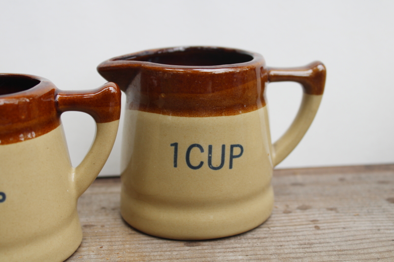 photo of vintage stoneware measuring cups set of four tiny pitchers, 70s earth tones pottery retro kitchen  #5