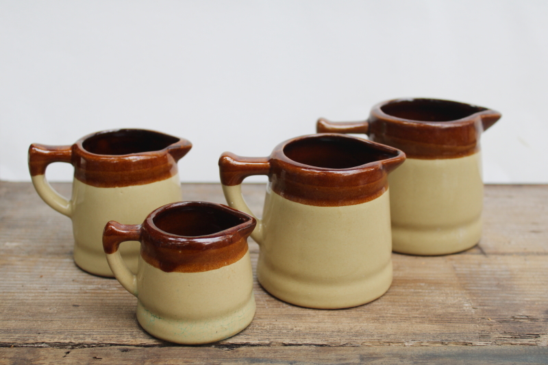 photo of vintage stoneware measuring cups set of four tiny pitchers, 70s earth tones pottery retro kitchen  #8