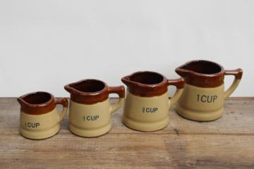 vintage stoneware measuring cups set of four tiny pitchers, 70s earth tones pottery retro kitchen 