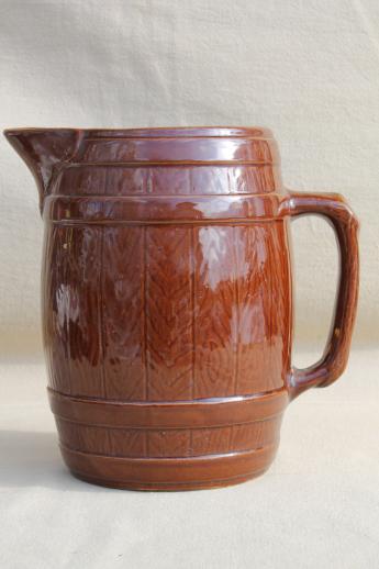 photo of vintage stoneware pottery beer barrel pitcher, old oak banded barrel pattern #1