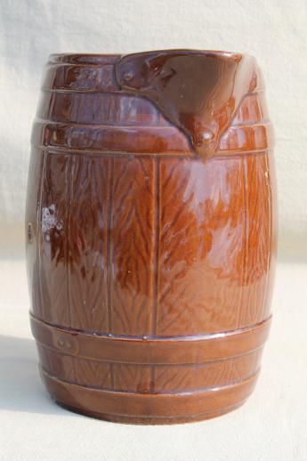 photo of vintage stoneware pottery beer barrel pitcher, old oak banded barrel pattern #2