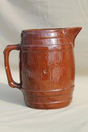 photo of vintage stoneware pottery beer barrel pitcher, old oak banded barrel pattern #3