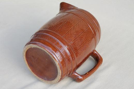 photo of vintage stoneware pottery beer barrel pitcher, old oak banded barrel pattern #6