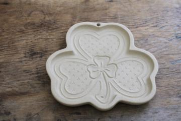 catalog photo of vintage stoneware pottery cookie mold, Irish shamrock clover shortbread press