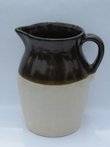 photo of vintage stoneware pottery milk pitcher, old wide brown band pattern #1