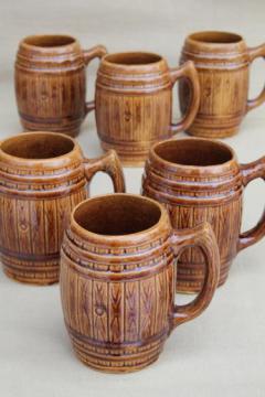 catalog photo of vintage stoneware pottery old oaken barrel tankards, beer steins or cider mugs