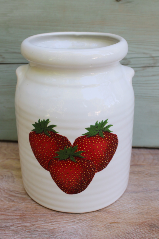 photo of vintage stoneware pottery spoon holder crock jar, red strawberries country kitchen decor #1