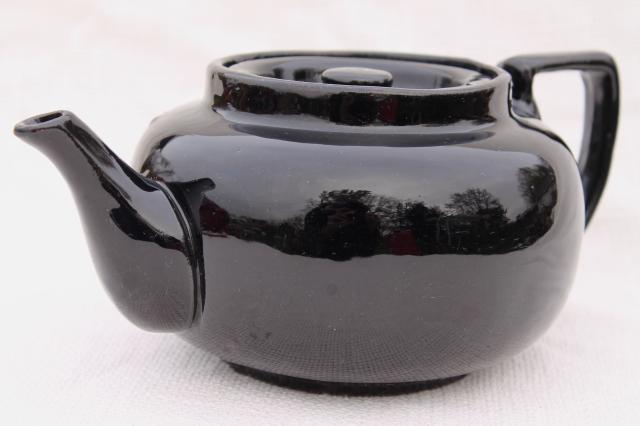 photo of vintage stoneware pottery teapot, big heavy old tea pot w/ black glaze #1