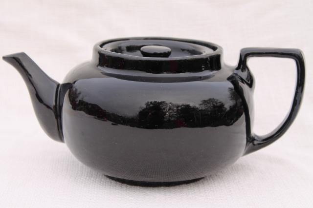 photo of vintage stoneware pottery teapot, big heavy old tea pot w/ black glaze #2