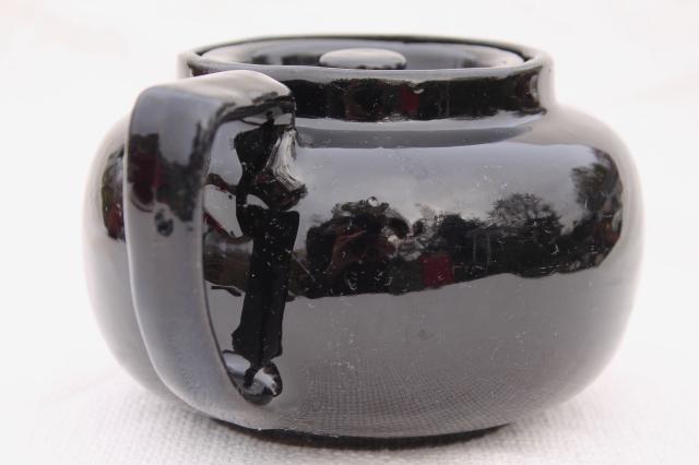 photo of vintage stoneware pottery teapot, big heavy old tea pot w/ black glaze #3