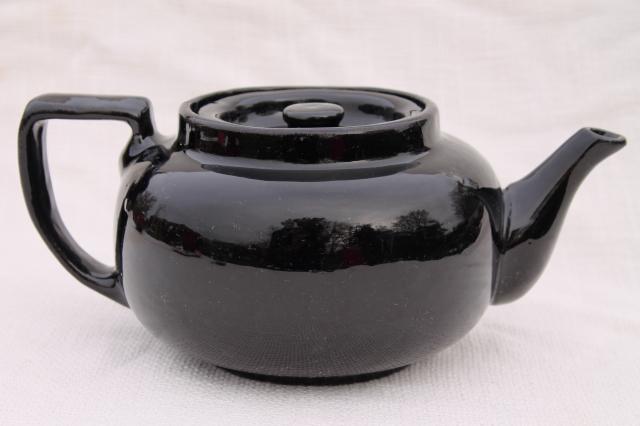 photo of vintage stoneware pottery teapot, big heavy old tea pot w/ black glaze #4