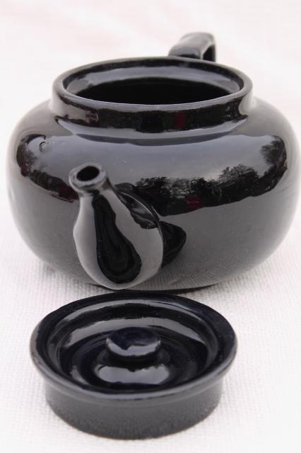 photo of vintage stoneware pottery teapot, big heavy old tea pot w/ black glaze #5