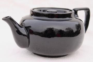 catalog photo of vintage stoneware pottery teapot, big heavy old tea pot w/ black glaze