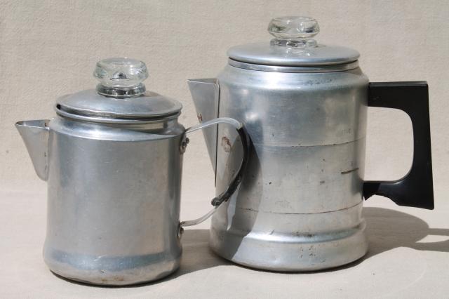 photo of vintage stovetop coffee percolators, 2 cup & 5 cup aluminum coffeepots for camping #1