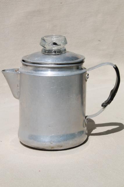 photo of vintage stovetop coffee percolators, 2 cup & 5 cup aluminum coffeepots for camping #6