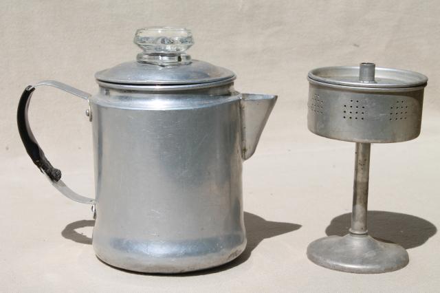 photo of vintage stovetop coffee percolators, 2 cup & 5 cup aluminum coffeepots for camping #7