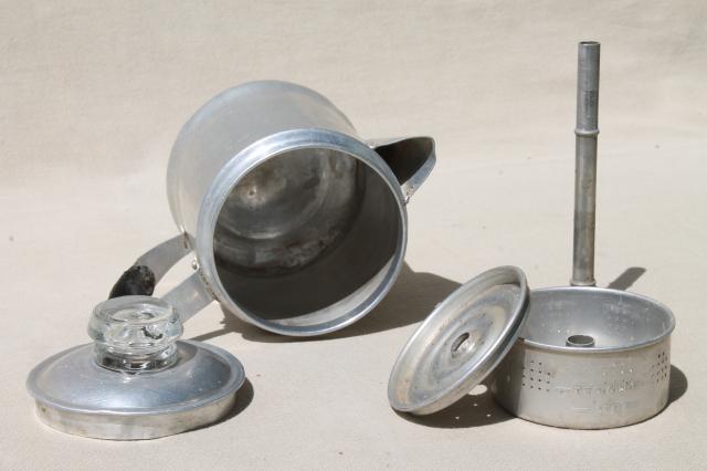 photo of vintage stovetop coffee percolators, 2 cup & 5 cup aluminum coffeepots for camping #8