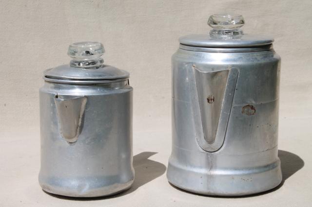 photo of vintage stovetop coffee percolators, 2 cup & 5 cup aluminum coffeepots for camping #10