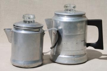 catalog photo of vintage stovetop coffee percolators, 2 cup & 5 cup aluminum coffeepots for camping