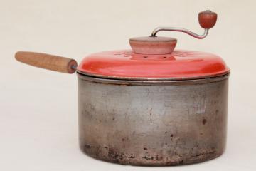 catalog photo of vintage stovetop corn popper hand crank popcorn maker for wood stove or camping 