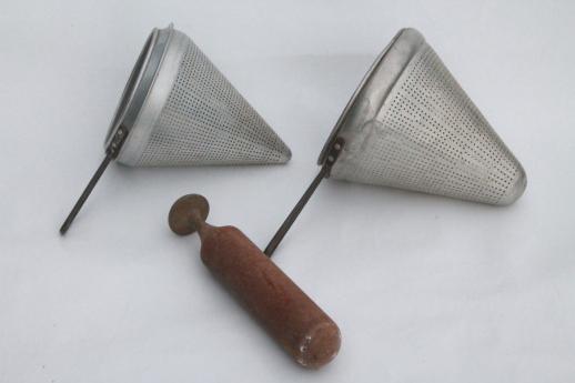 photo of vintage strainer / food mill cone shaped sieves w/ wood masher pestle #1