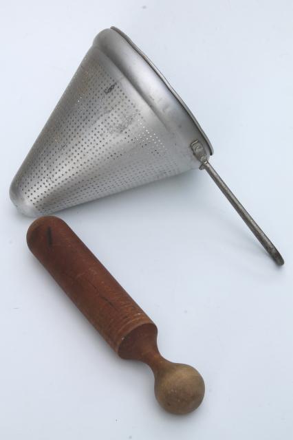 photo of vintage strainer / food mill cone shaped sieves w/ wood masher pestle kitchen utensils #3