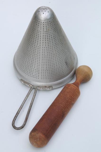 photo of vintage strainer / food mill cone shaped sieves w/ wood masher pestle kitchen utensils #5