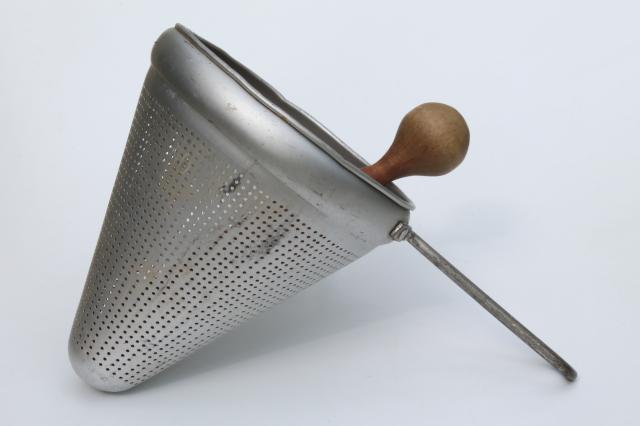 photo of vintage strainer / food mill cone shaped sieves w/ wood masher pestle kitchen utensils #6