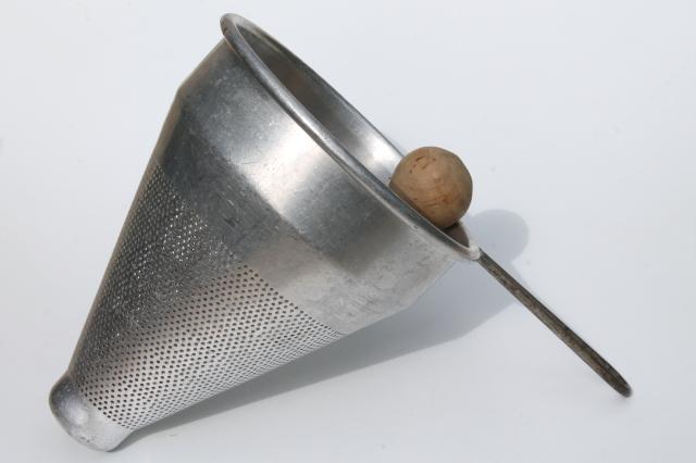 photo of vintage strainer / food mill cone shaped sieves w/ wood masher pestle kitchen utensils #8