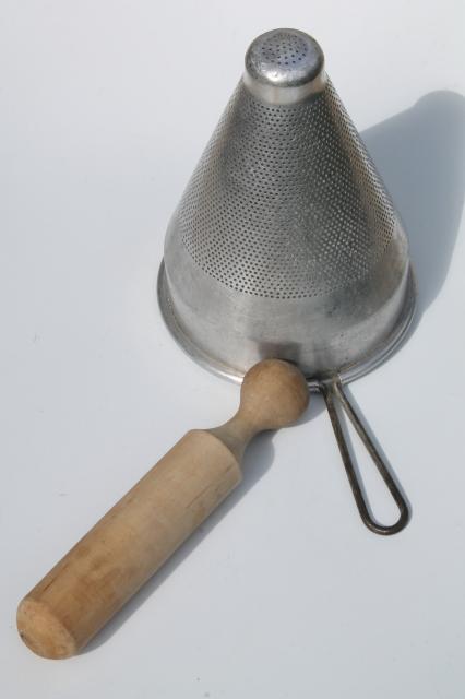 photo of vintage strainer / food mill cone shaped sieves w/ wood masher pestle kitchen utensils #10