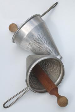 catalog photo of vintage strainer / food mill cone shaped sieves w/ wood masher pestle kitchen utensils