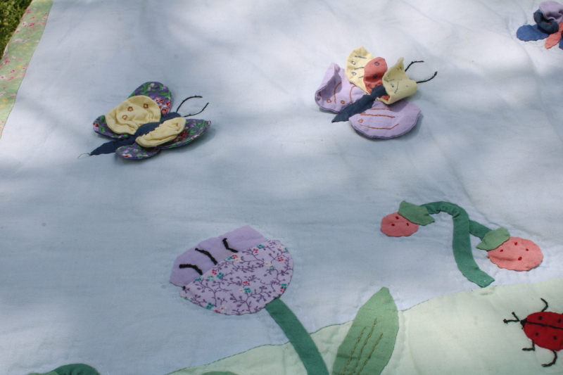 photo of vintage strawberry garden cotton applique quilt queen size w/ pillow shams, country cottage style  #3