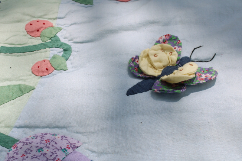 photo of vintage strawberry garden cotton applique quilt queen size w/ pillow shams, country cottage style  #4