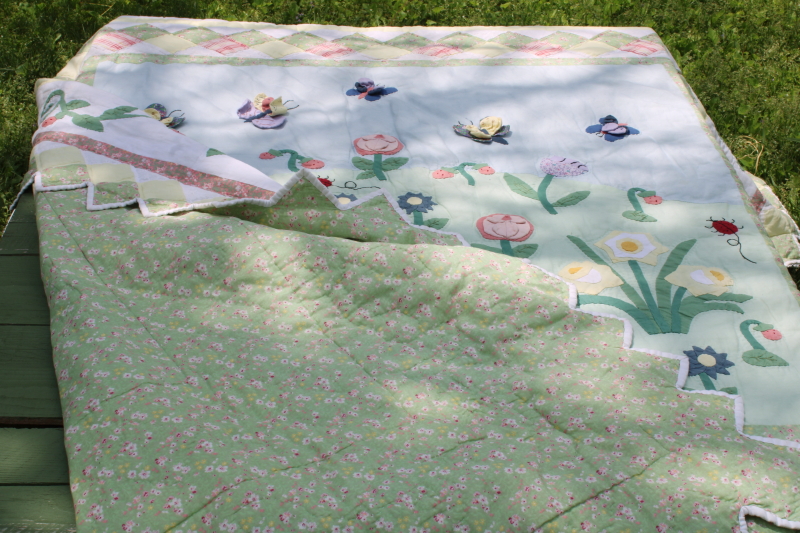 photo of vintage strawberry garden cotton applique quilt queen size w/ pillow shams, country cottage style  #7